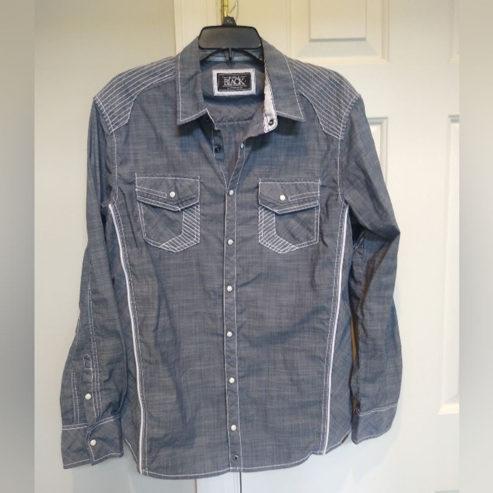 Buckle Mens Button Up Pearl Snap Large L  Blue Long Sleeve Western Embroidered